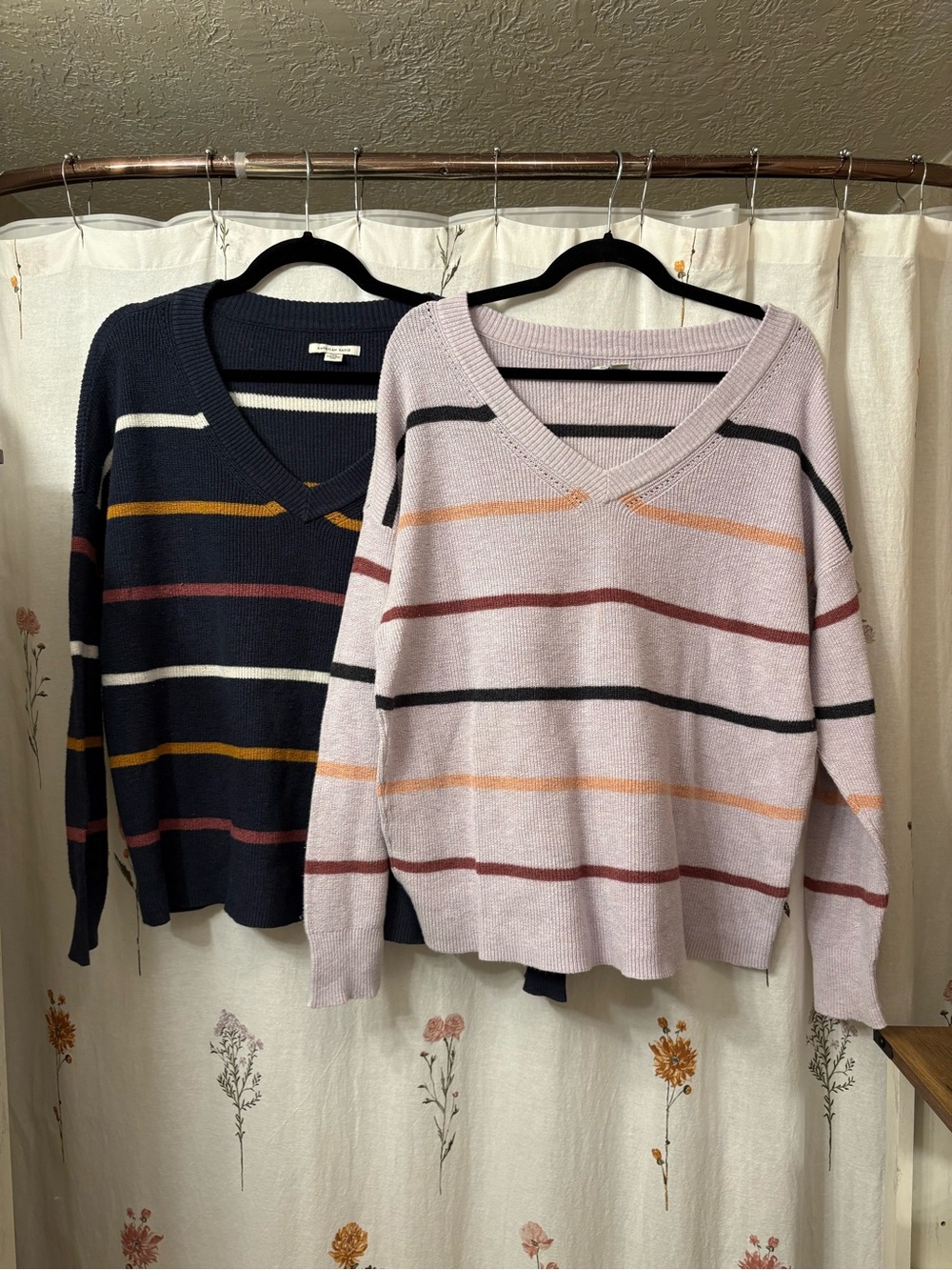 American Eagle Outfitters Women’s V-Neck Striped Sweater Duo - Lavender & Navy